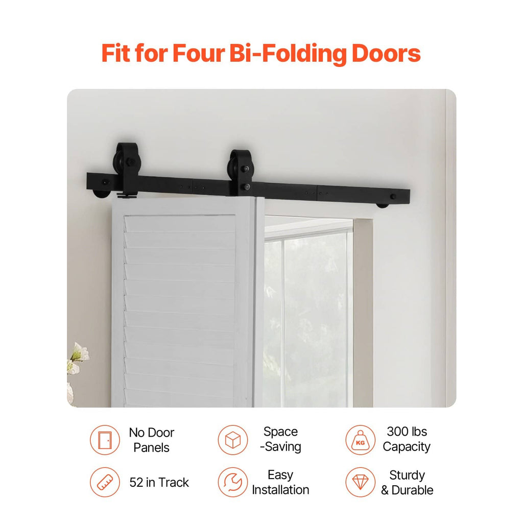 Barn door hardware track kit with brackets and rollers, set for bi-fold doors