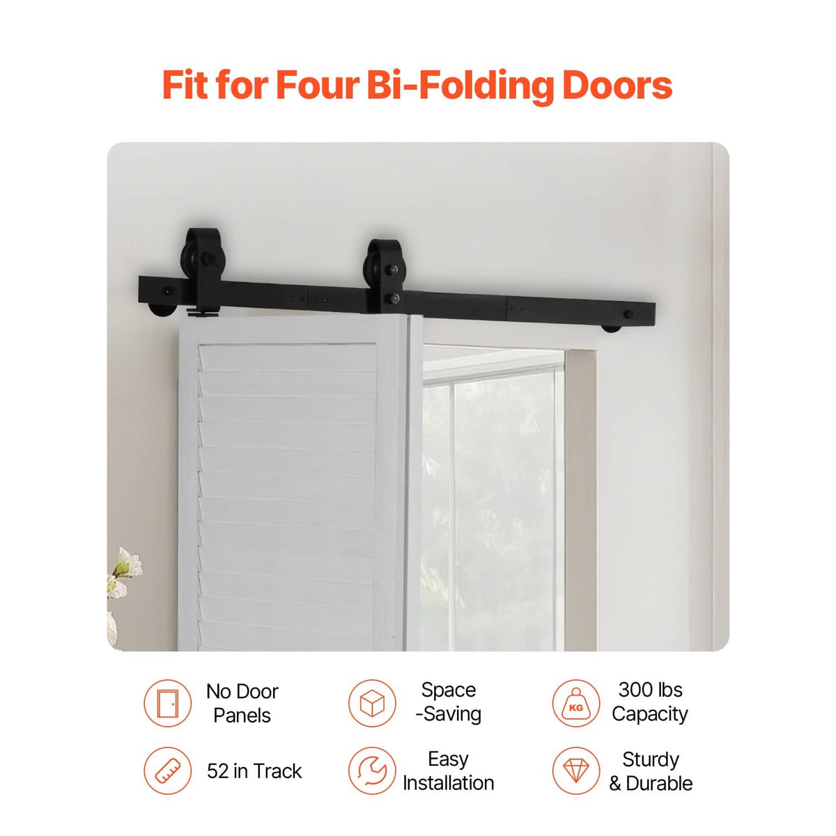 Barn door hardware track kit with brackets and rollers, set for bi-fold doors
