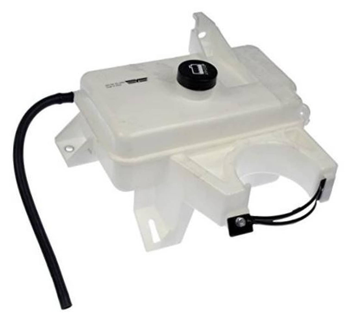 Front non-pressurized coolant reservoir with black cap and attached hoses, white plastic.
