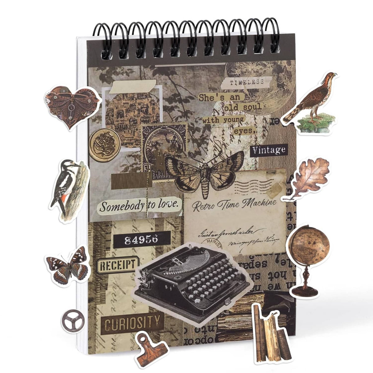 Vintage-style ephemera washi stickers set on a spiral notebook, butterflies and receipts