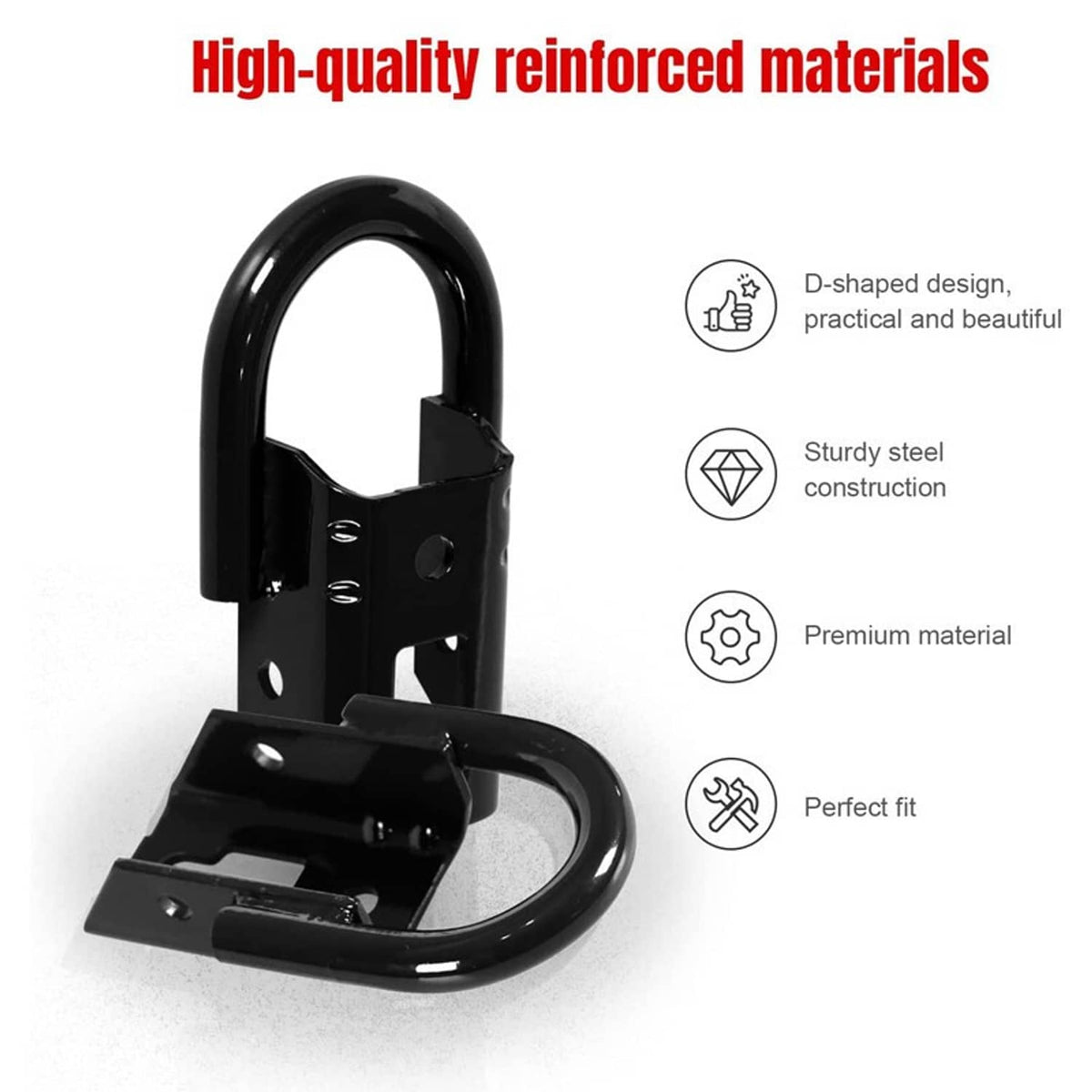 Black D-shaped tow hook bracket with curved loop and mounting holes