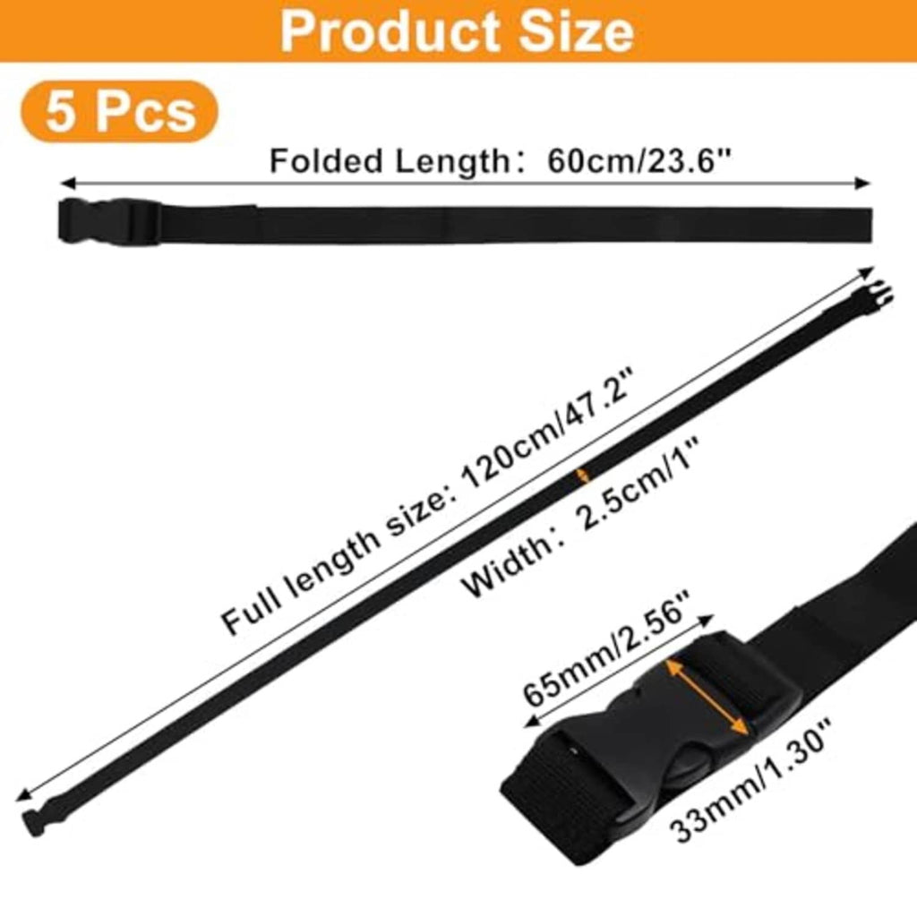 Black nylon adjustable tie-down straps with buckle, shown with length and width measurements
