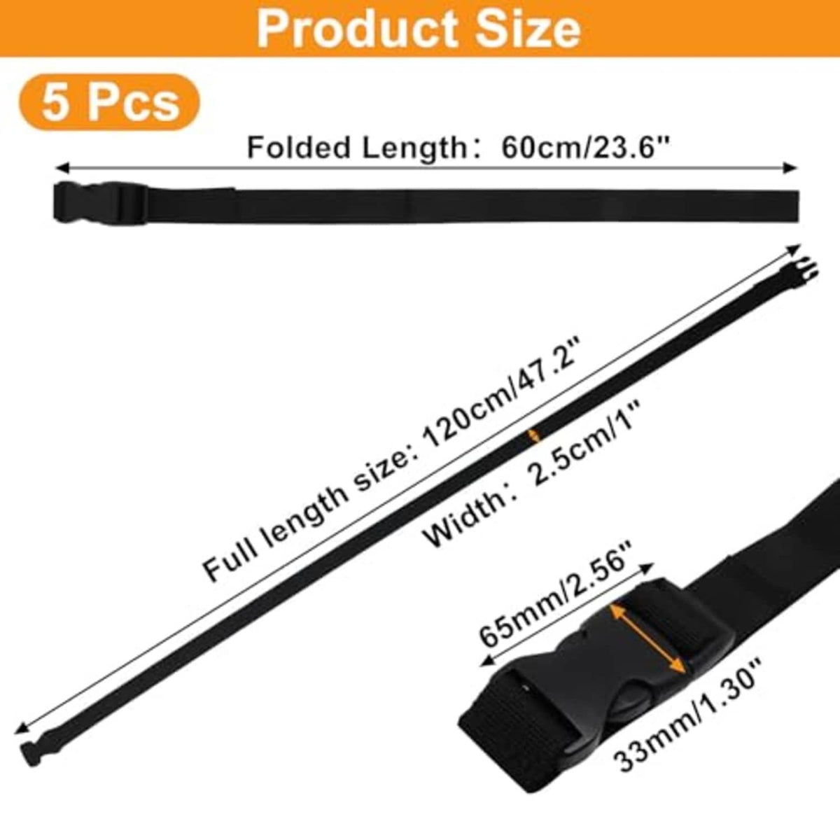 Black nylon adjustable tie-down straps with buckle, shown with length and width measurements