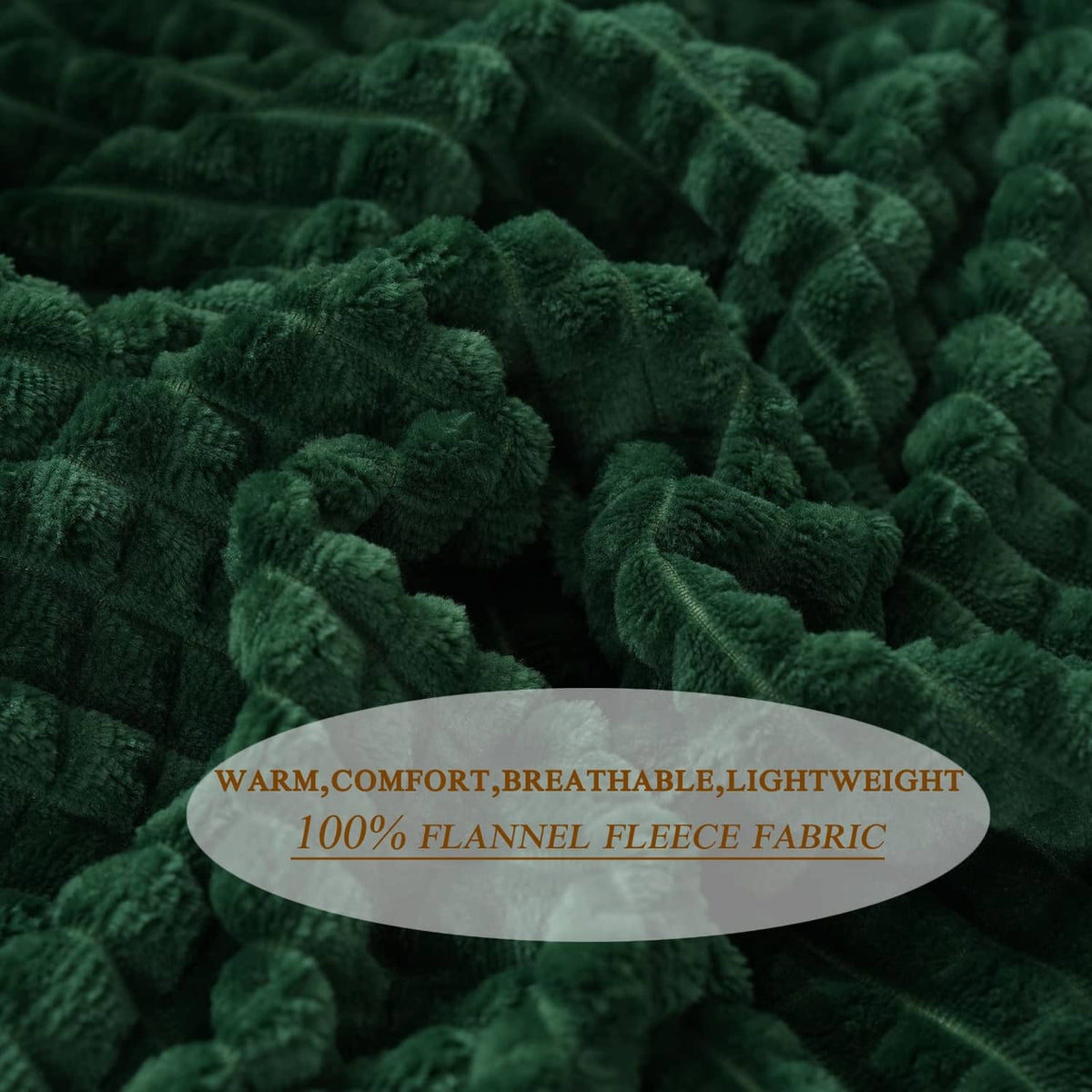 Dark green flannel fleece throw blanket close-up, plush nubby raised fabric texture