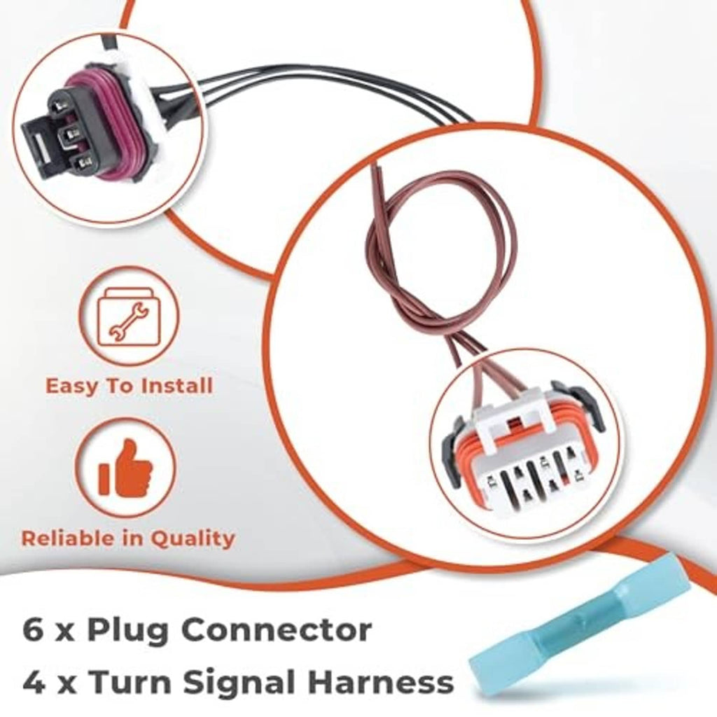 Headlight and turn signal harness set with plug connectors, bundled wires, and heat shrink tubes