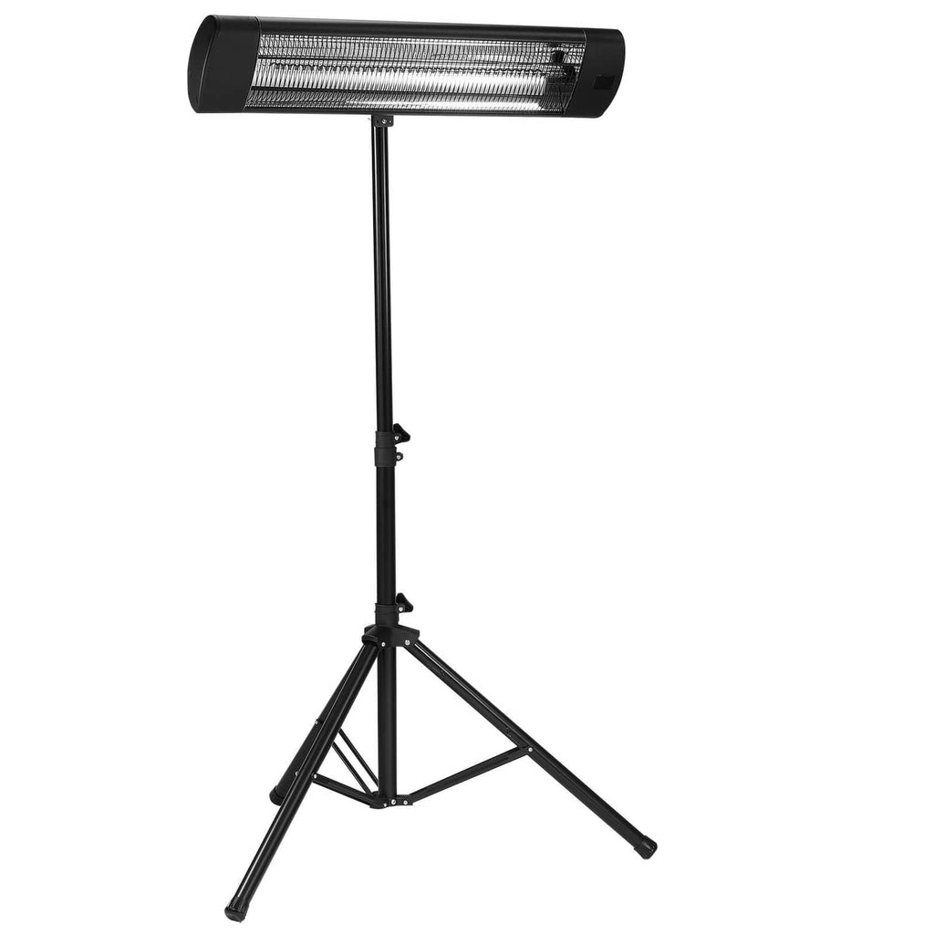 Infrared space heater on tripod stand with dark heating tube housing