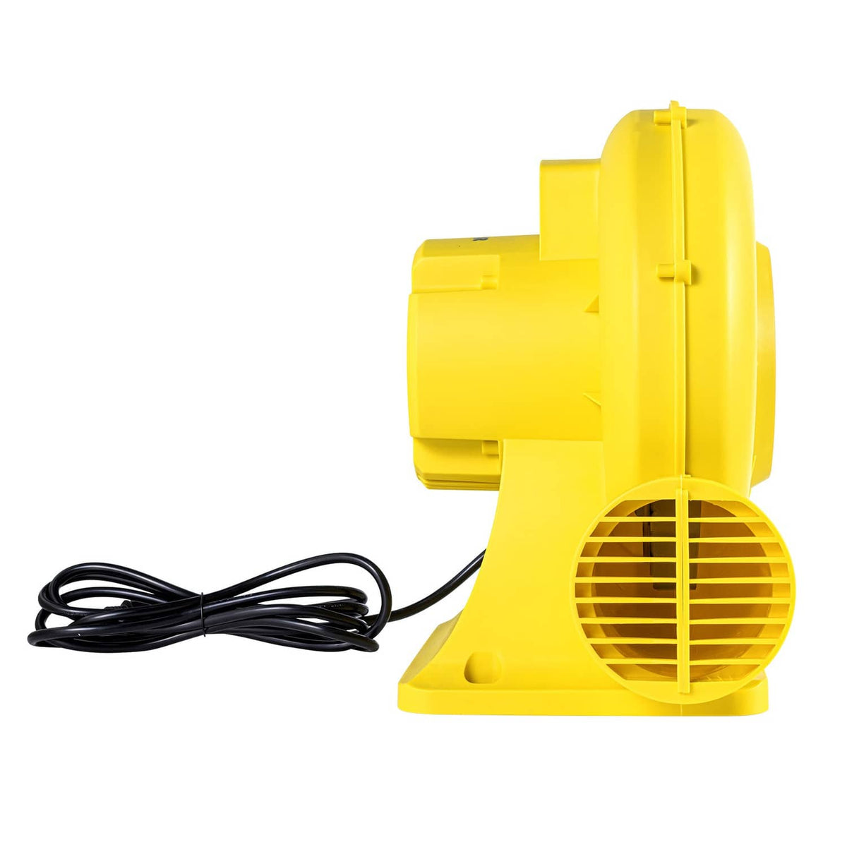 Yellow inflatable blower with black power cord and front circular vent grille
