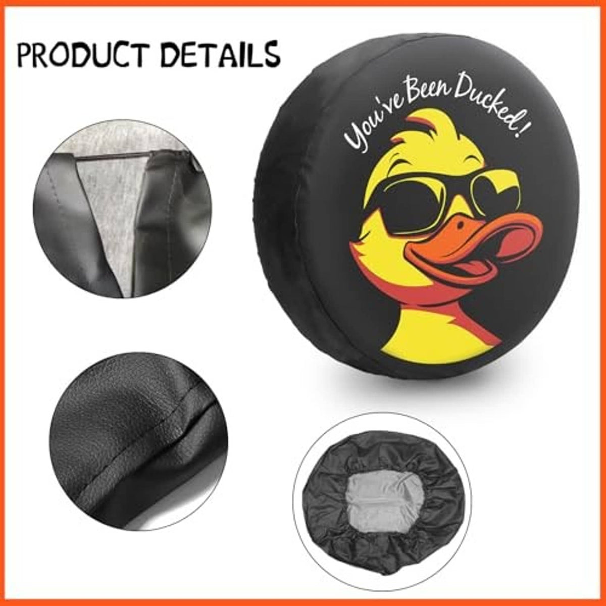 Black spare tire cover with duck face graphic and visible textured stitching detail