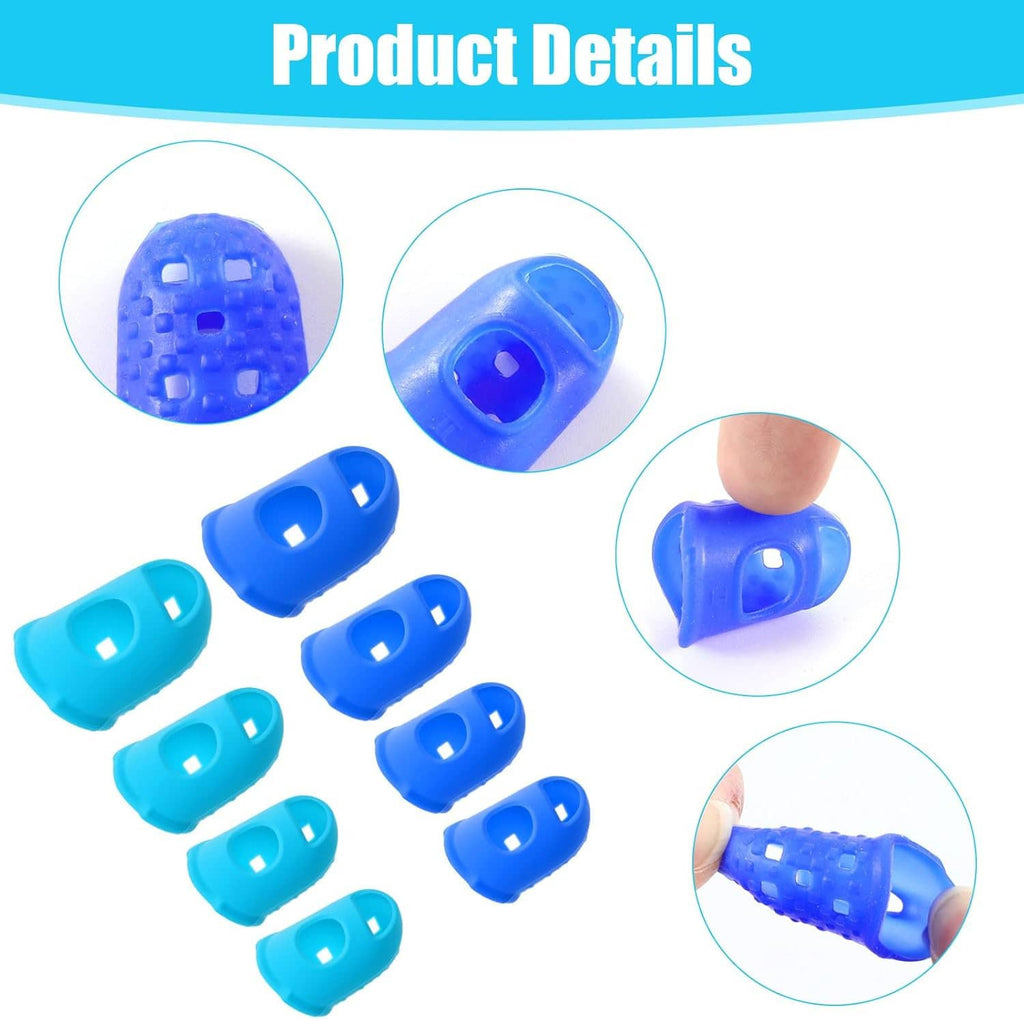 Blue and teal silicone finger tip protectors with open thumb-finger top