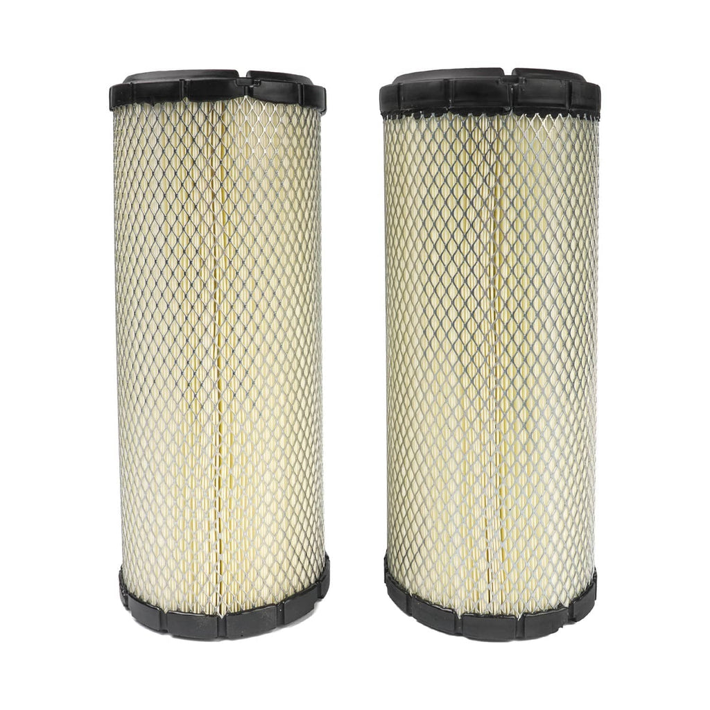 Two cylindrical air filter cartridges with pleated mesh and black plastic bases