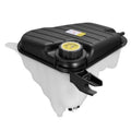 Black engine coolant reservoir tank with cap and mounting bracket, molded plastic