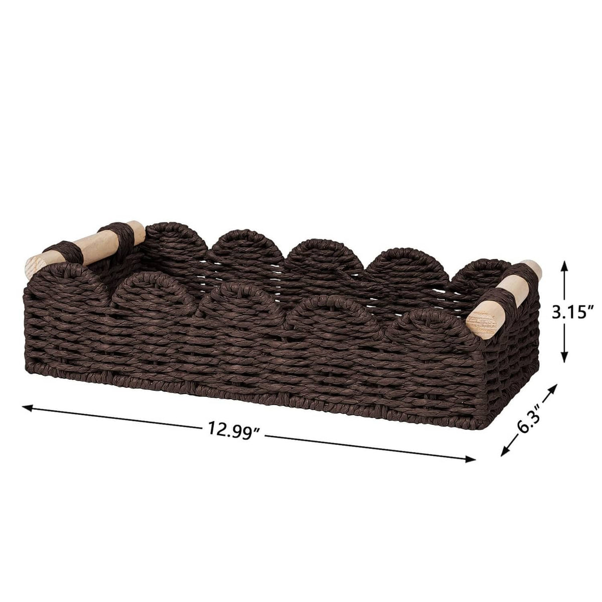 Brown woven toilet paper storage basket with scalloped top edge and beige rope corners