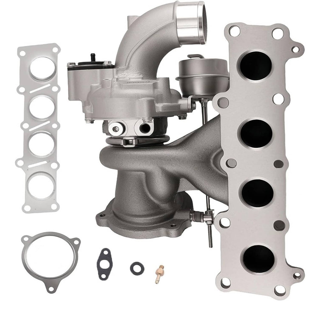 Turbocharger kit with gaskets and matching cast intake/exhaust parts, silver and dark metal