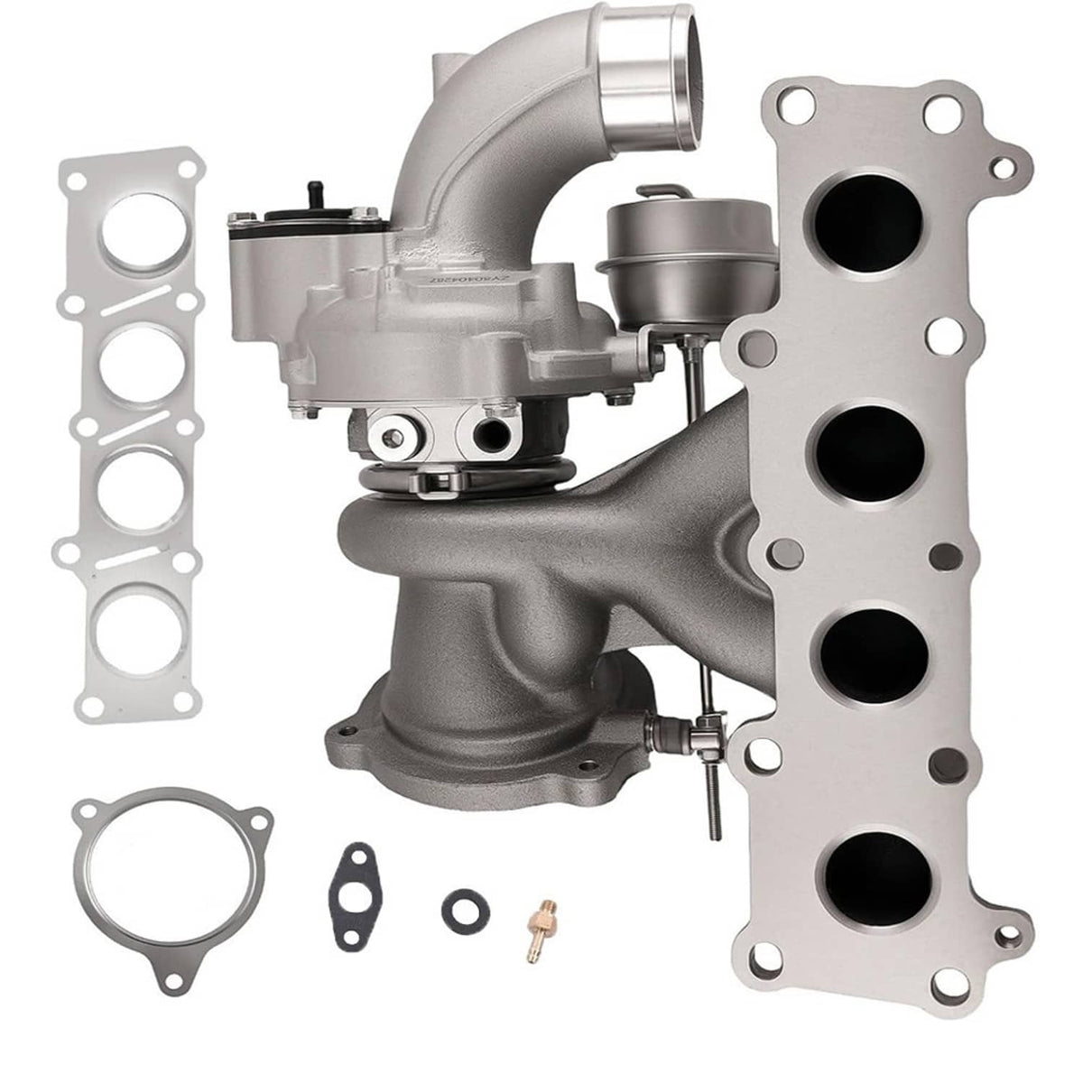 Turbocharger kit with gaskets and matching cast intake/exhaust parts, silver and dark metal