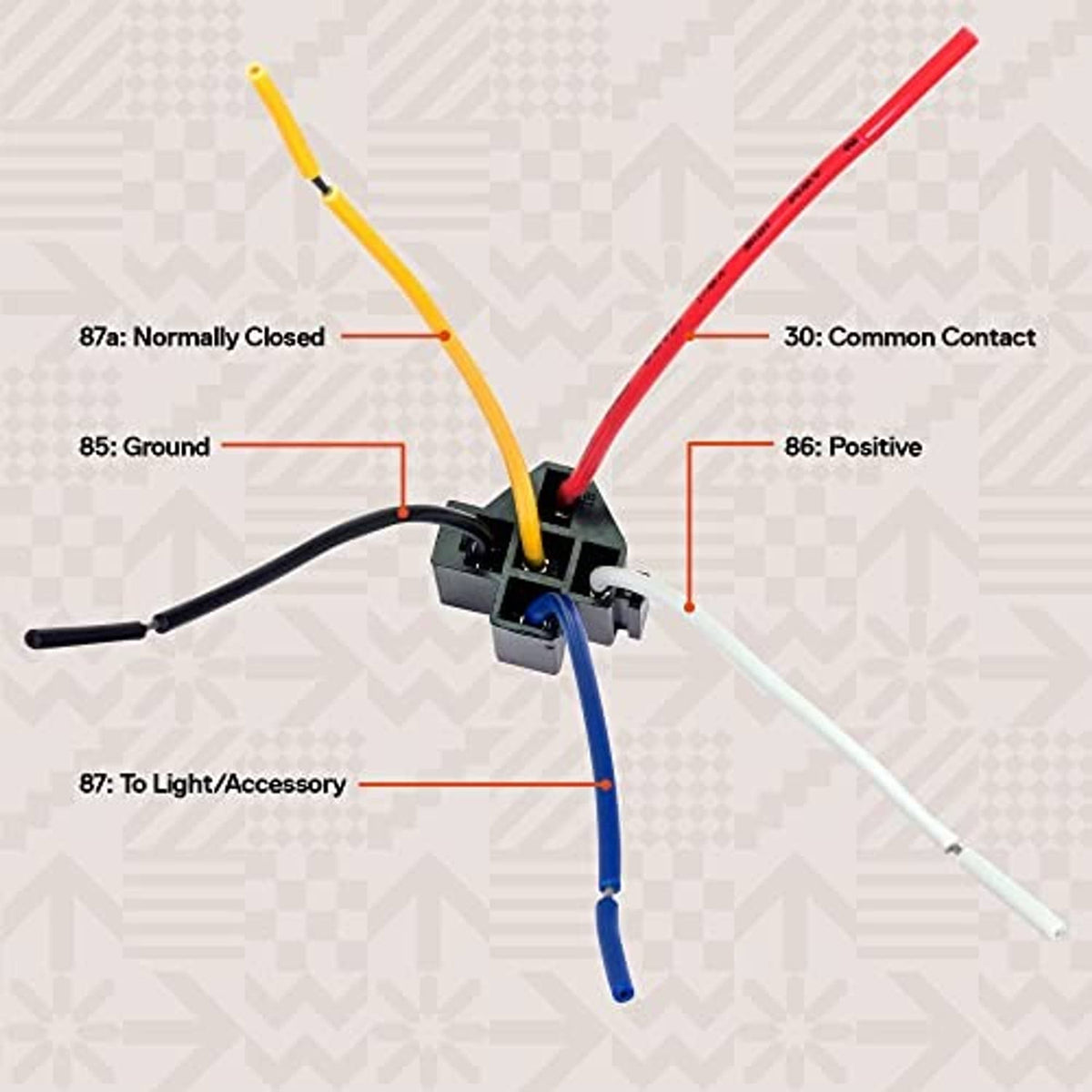 Relay wiring diagram showing terminal connections with colored lead wires