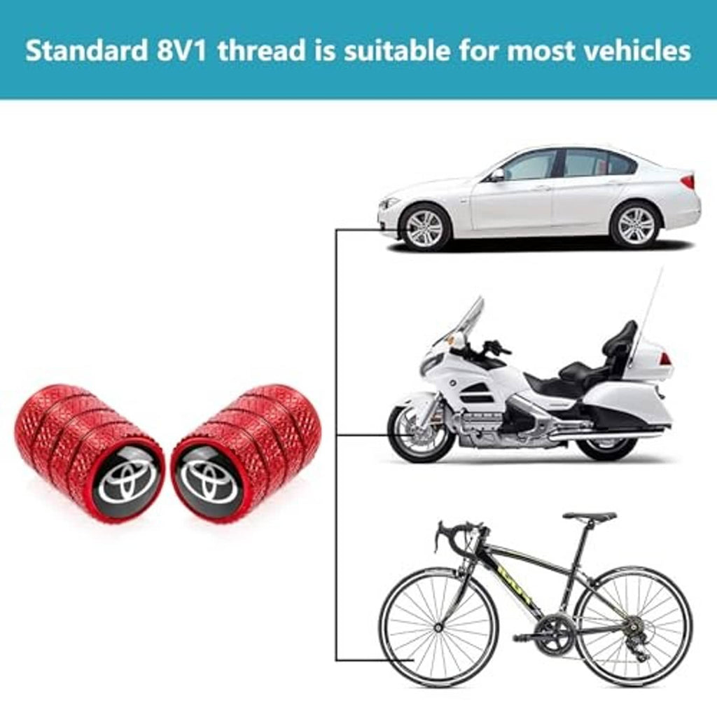 Red tire valve stem caps with Toyota logo, textured grip and black base