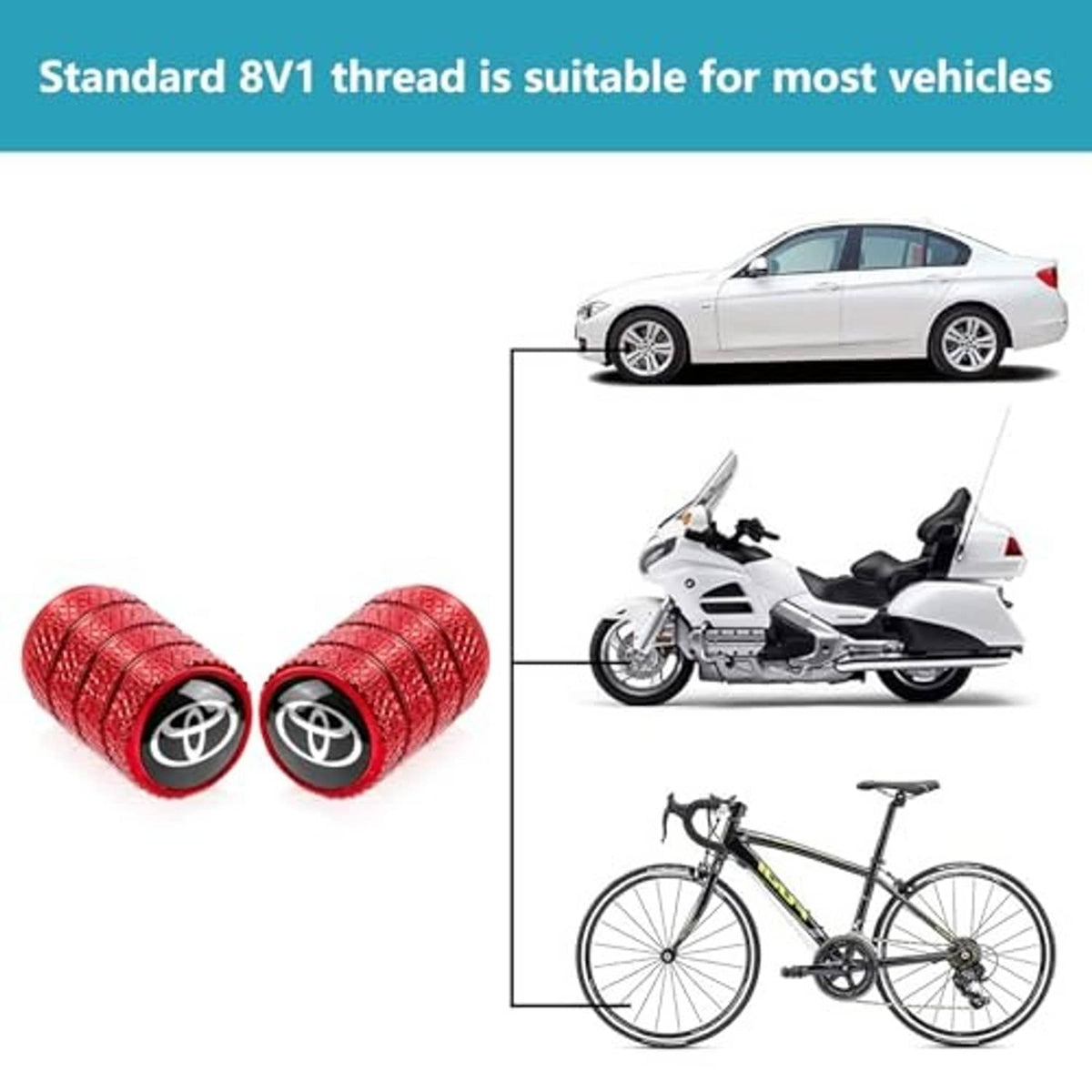 Red tire valve stem caps with Toyota logo, textured grip and black base