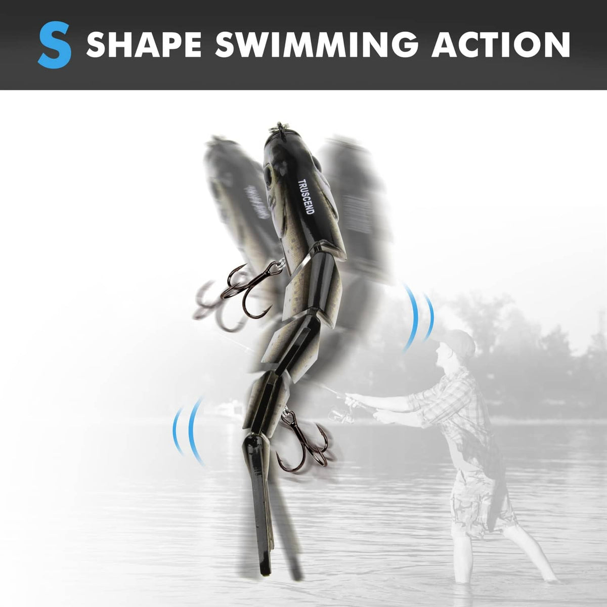 Black metal jointed swimbait lure with treble hooks and split rings