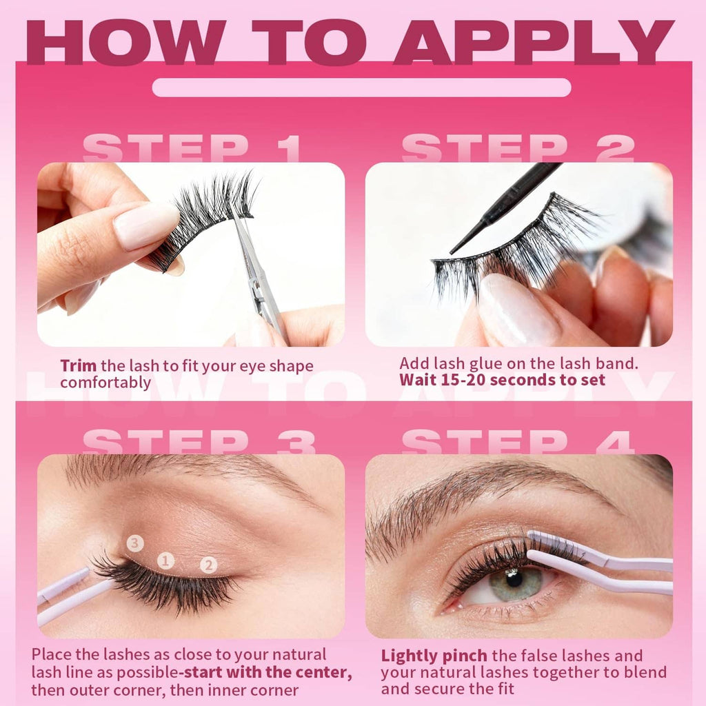 Applying black false eyelashes with lash glue and tweezers