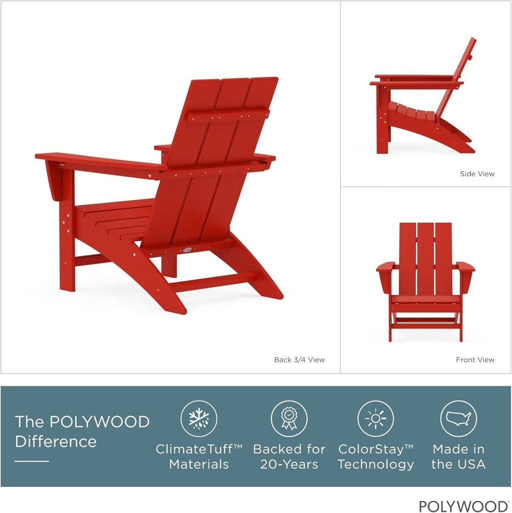 Red Adirondack rocking chair shown in front, side, and angled views
