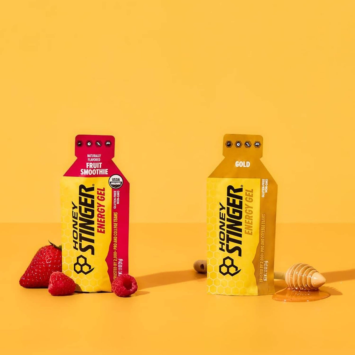 Honey Stinger energy gel pouches for Gold and Fruit Smoothie with honey and berries