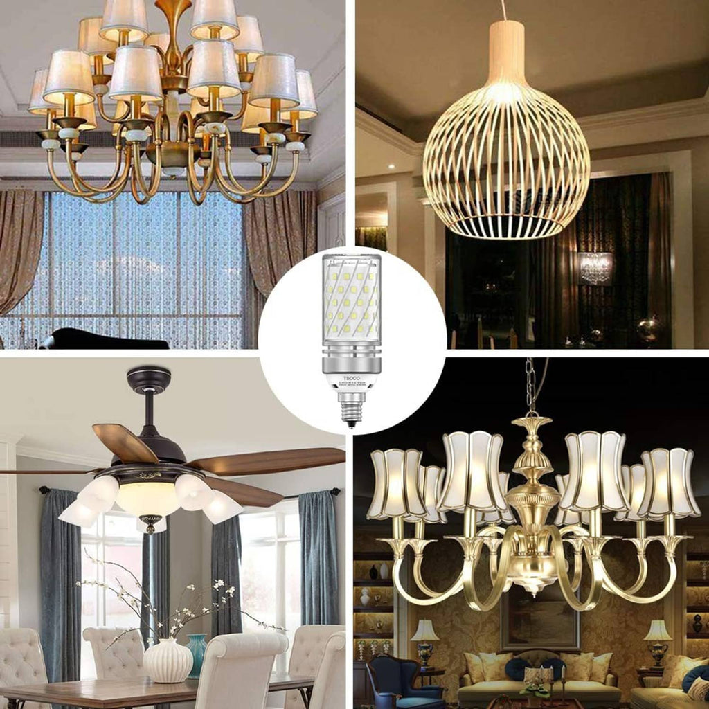 E12 LED bulbs in chandeliers, shown with warm interior lighting