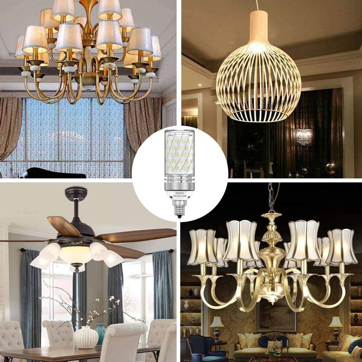 E12 LED bulbs in chandeliers, shown with warm interior lighting