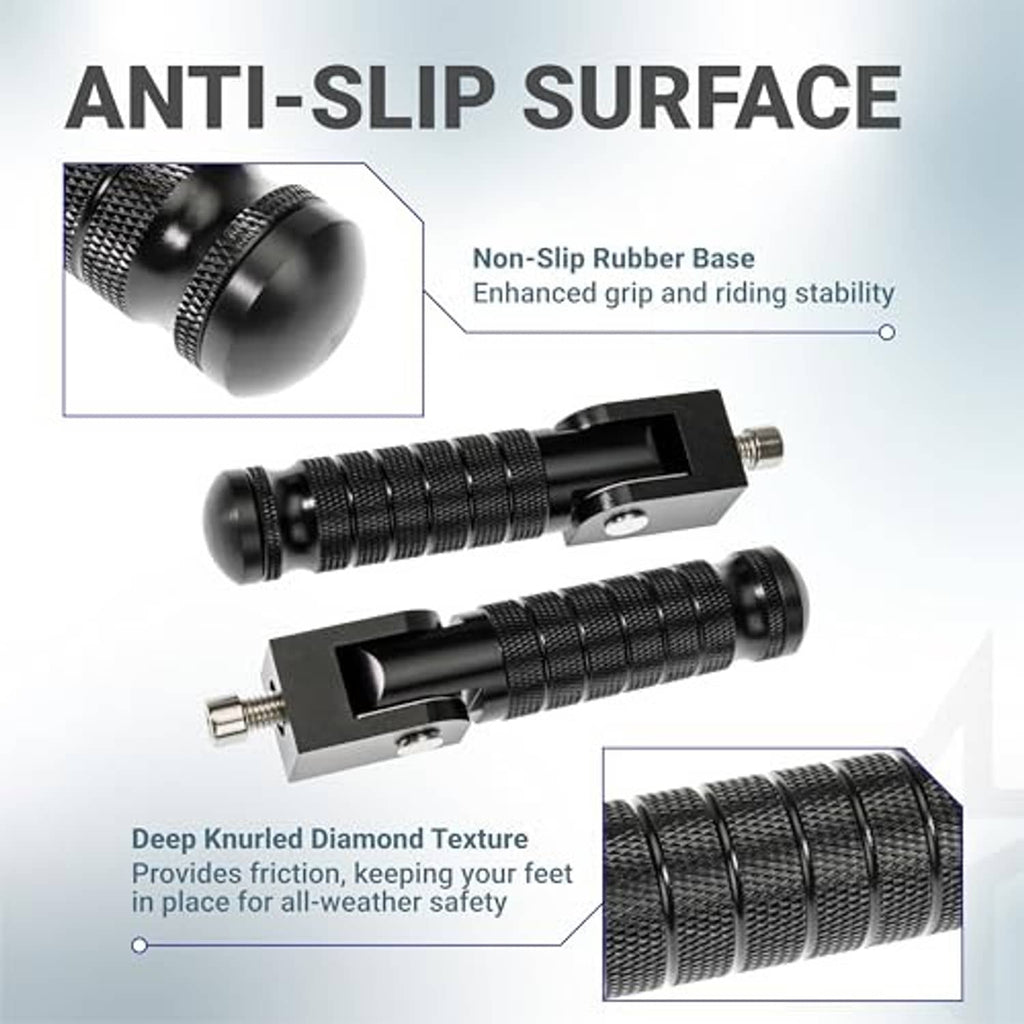 Anti-slip motorcycle foot peg pair with deep knurled texture and fold mount