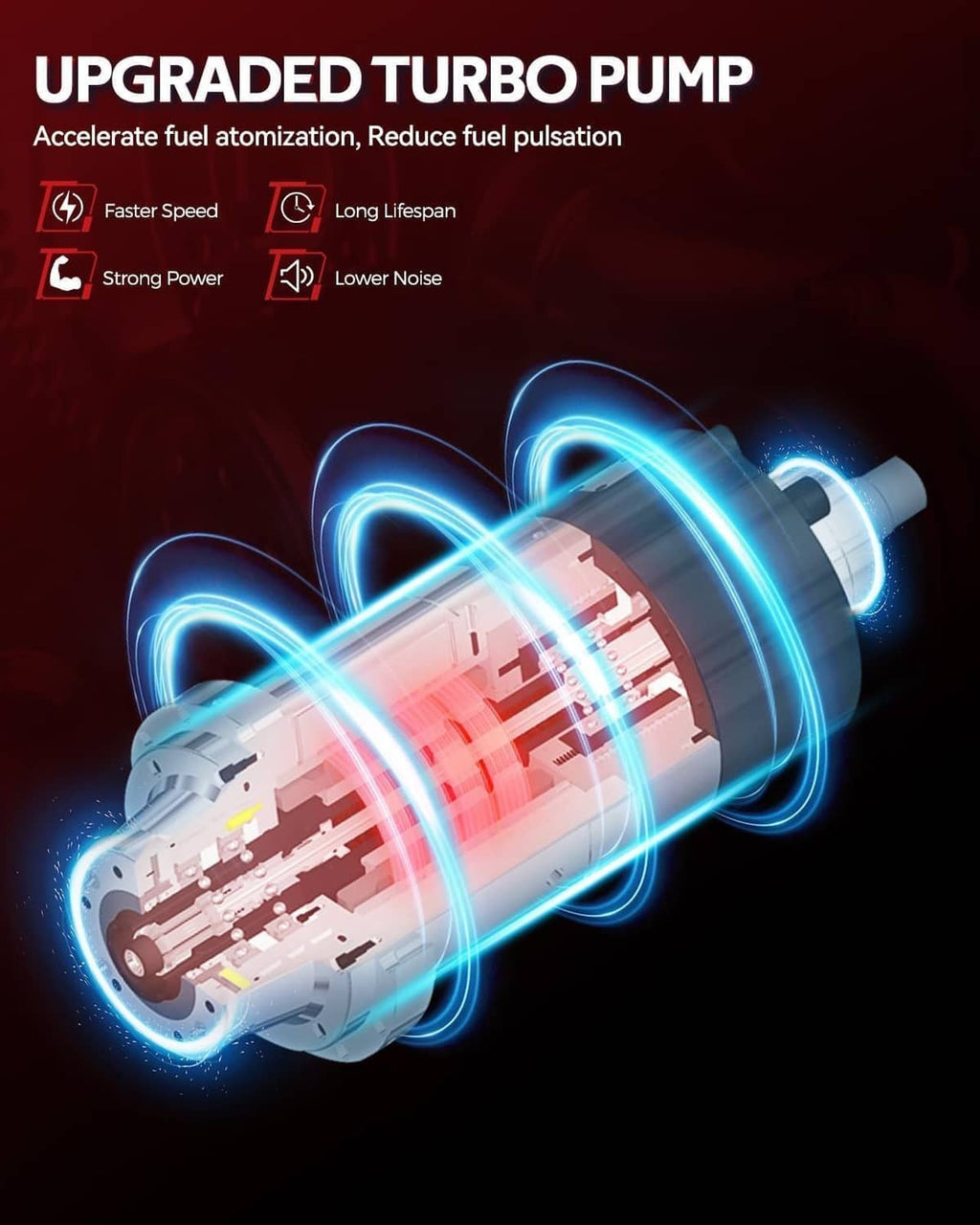 Upgraded electric fuel pump turbo rotor illustration with blue glowing core