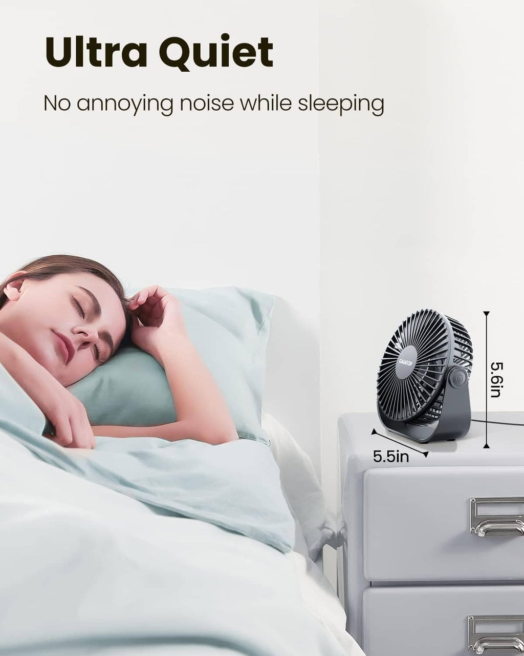 Compact black desk fan on a bedside table, small 5.5 in size