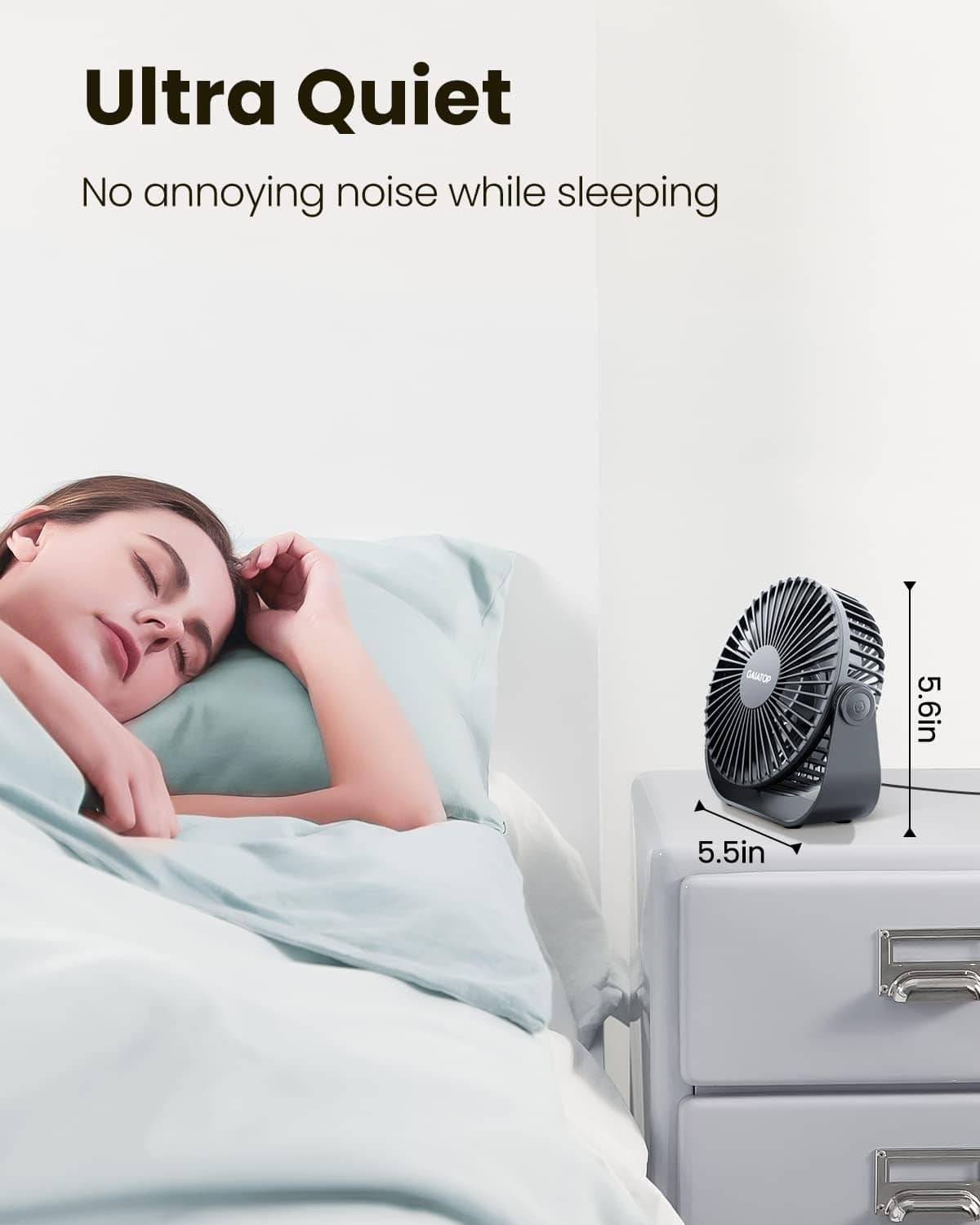 Compact black desk fan on a bedside table, small 5.5 in size