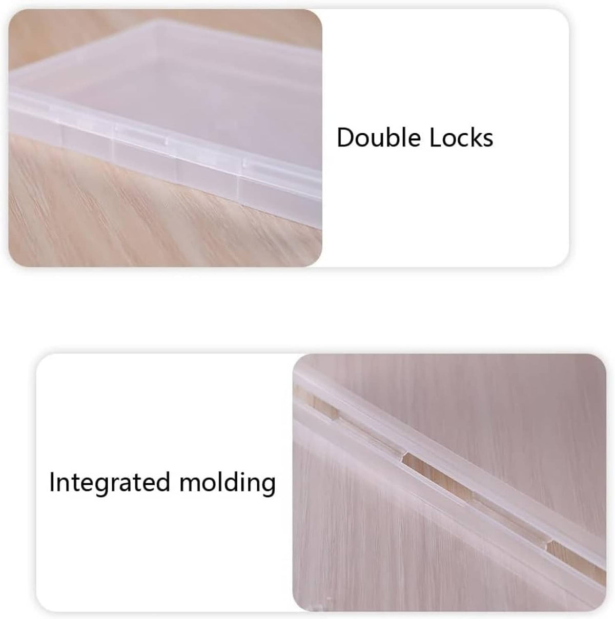 Clear plastic storage box with double-lock style closure and molded channels