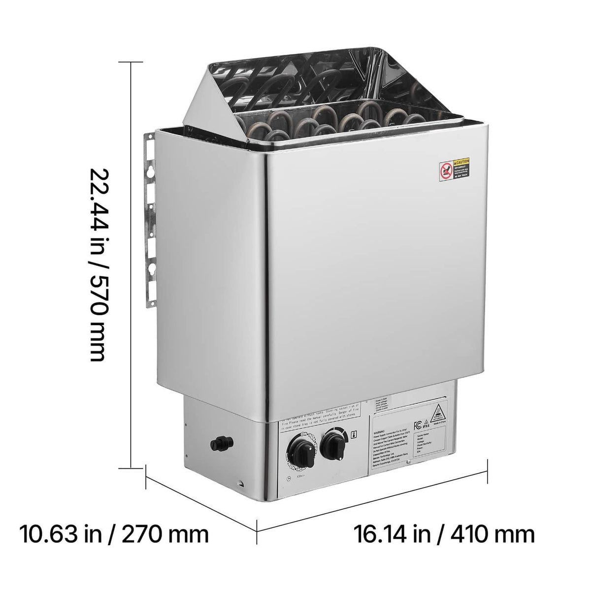 Stainless steel electric sauna heater shown from the front with open rock chamber