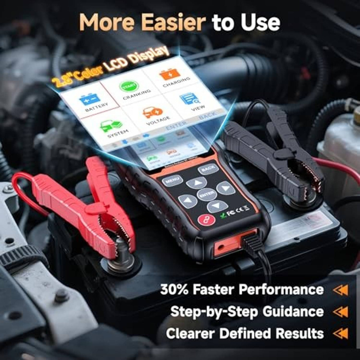 Car battery tester with clamp leads attached, black body and orange-trim display
