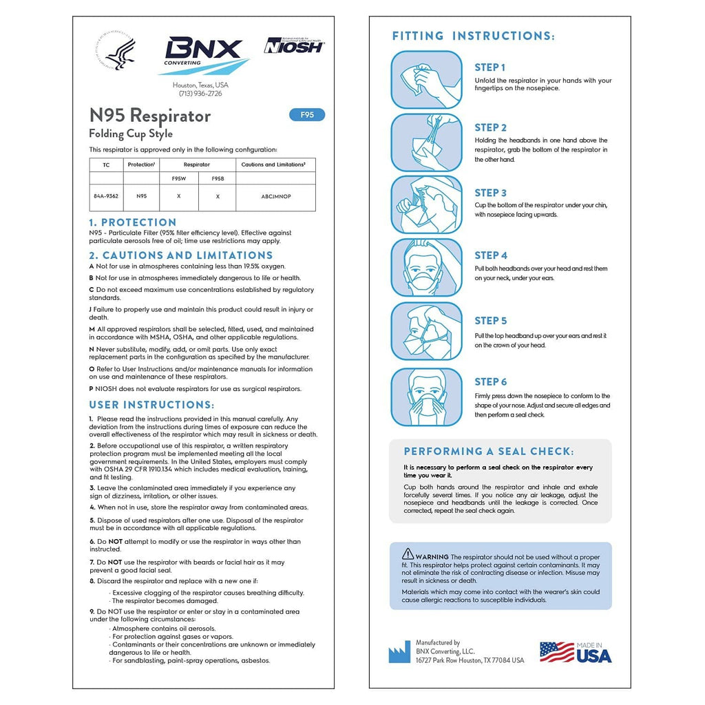 BNX N95 respirator fitting instructions sheet with steps and diagrams
