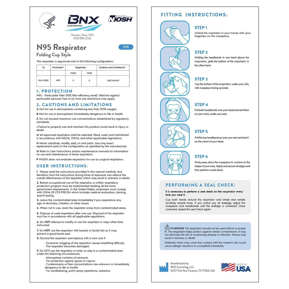BNX N95 respirator fitting instructions sheet with steps and diagrams