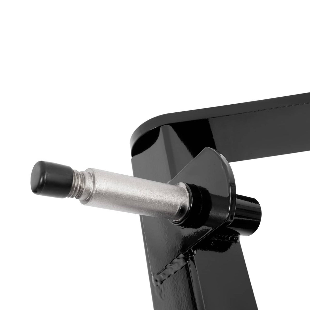 Black mower fork bracket with silver shaft and black bushing