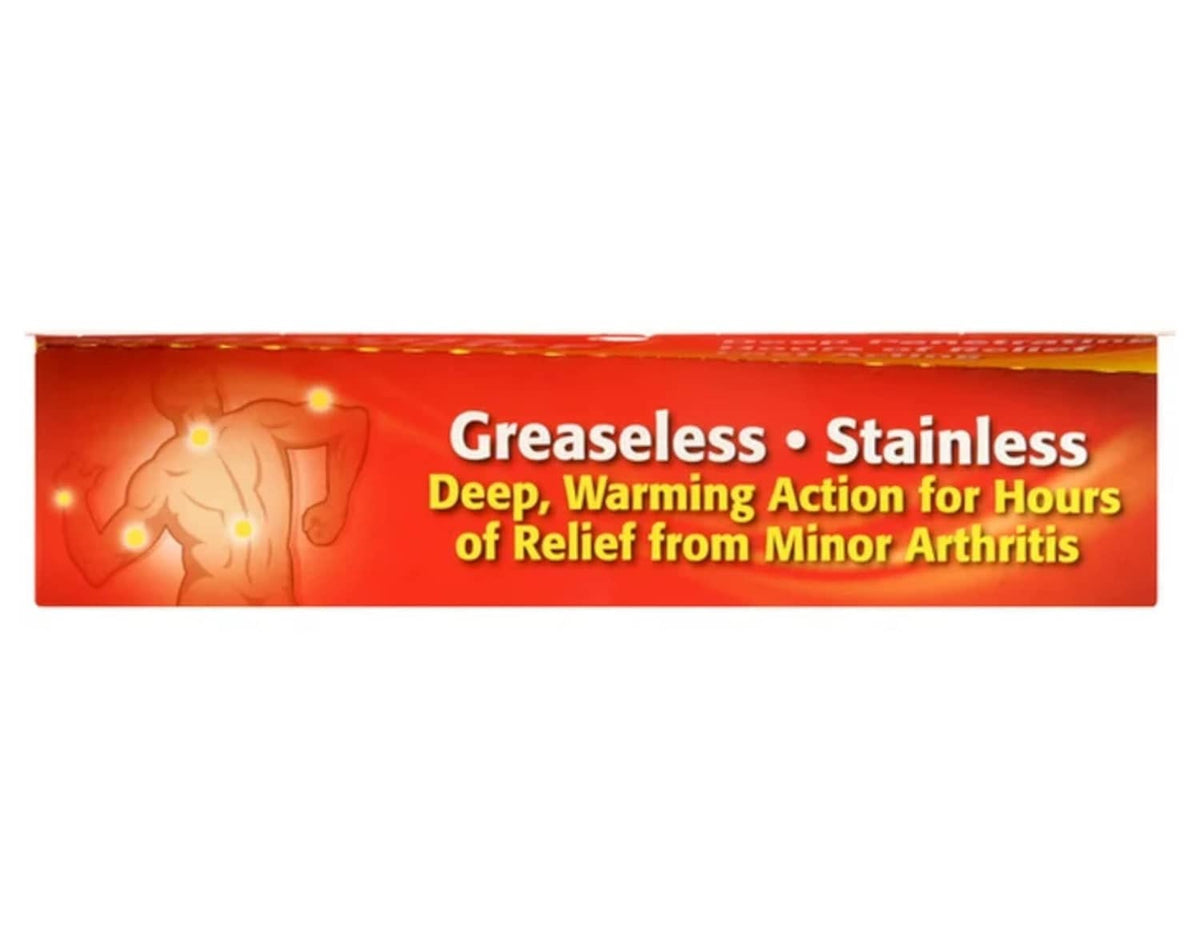 Pain relief creme box side with “Greaseless, Stainless” warming relief text