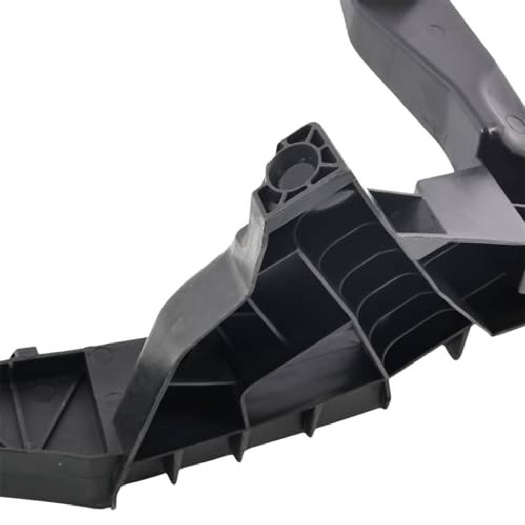 Close-up of black bumper support bracket with internal ribs and attachment tabs