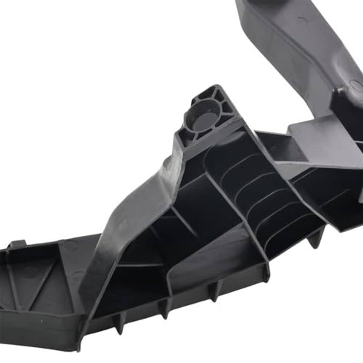 Close-up of black bumper support bracket with internal ribs and attachment tabs