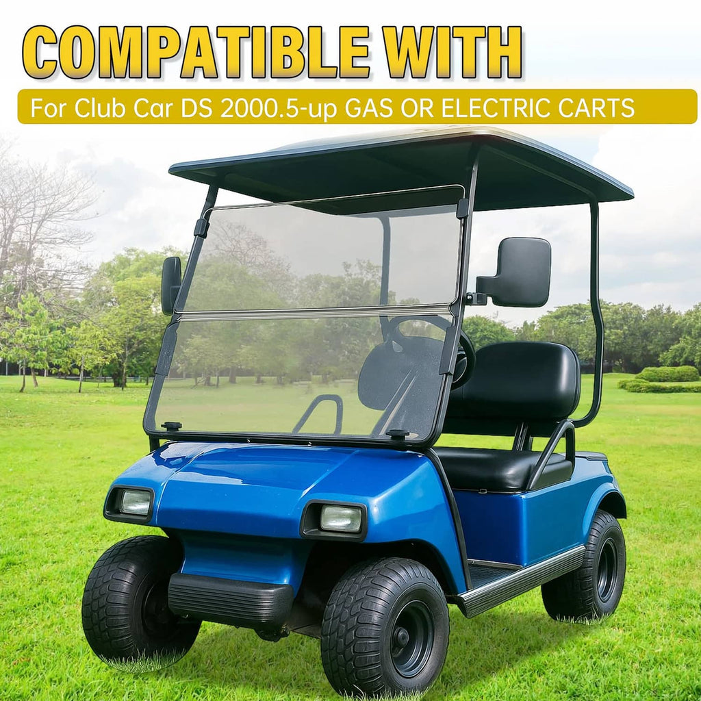 Tinted folding windscreen installed on a blue golf cart front windshield