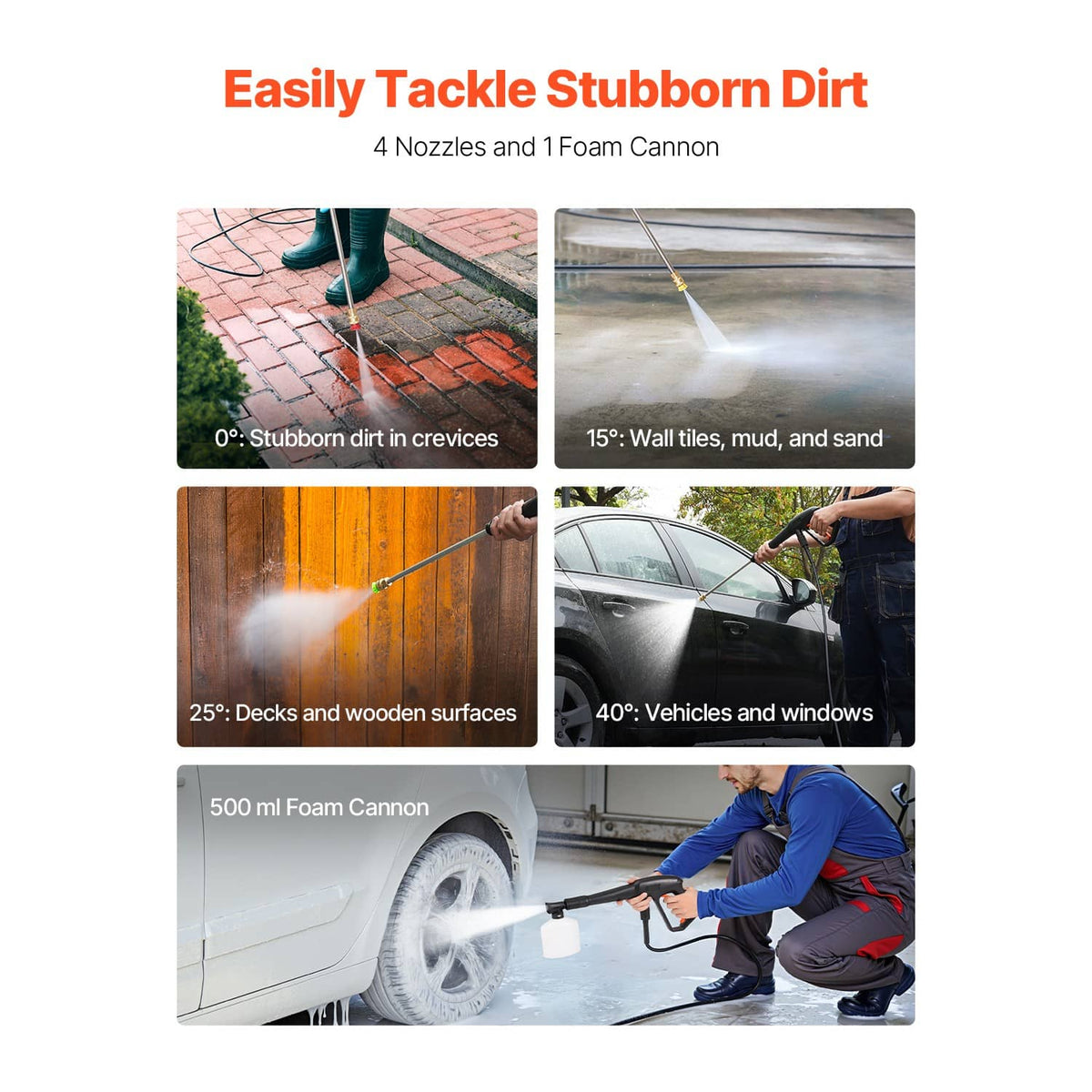 Pressure washer nozzle and foam cannon set with multiple spray tips and foam bottle