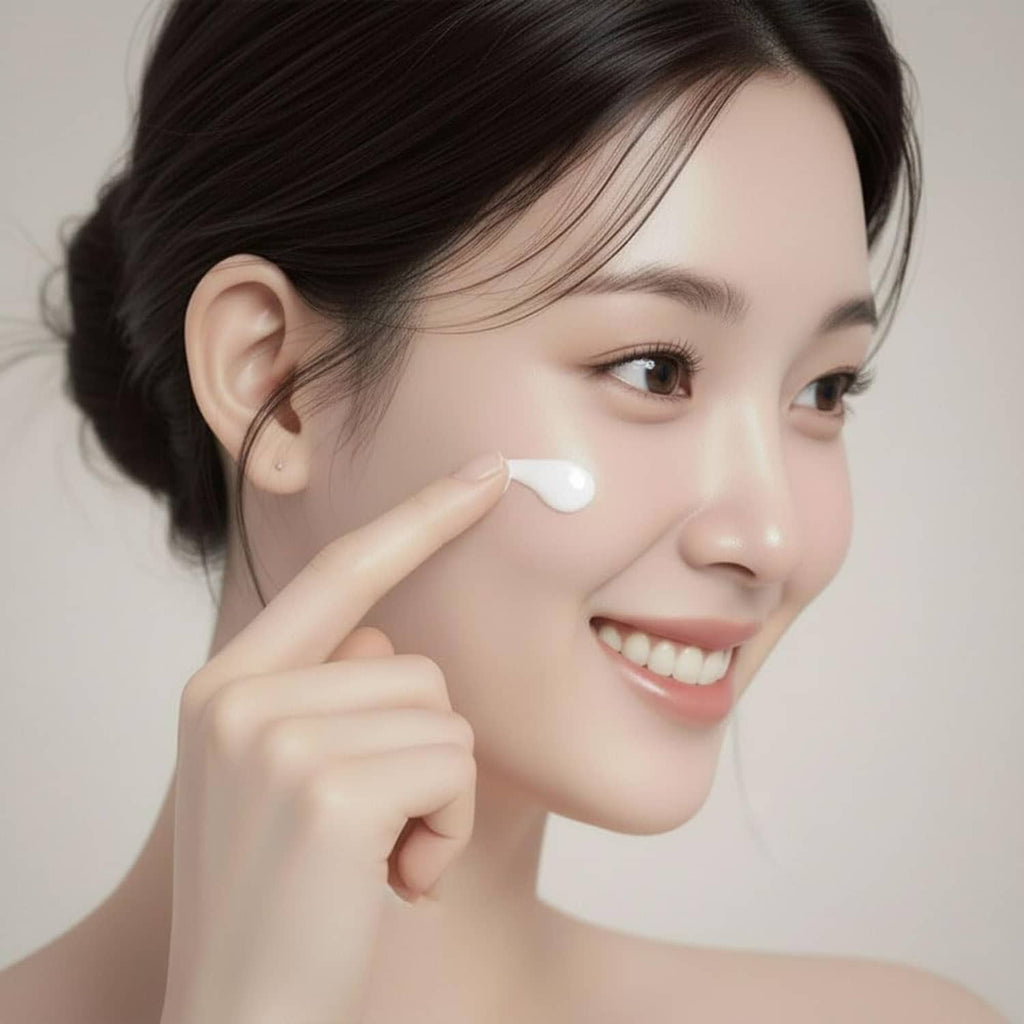Face cream dollop on cheek of a smiling person for anti-melasma care