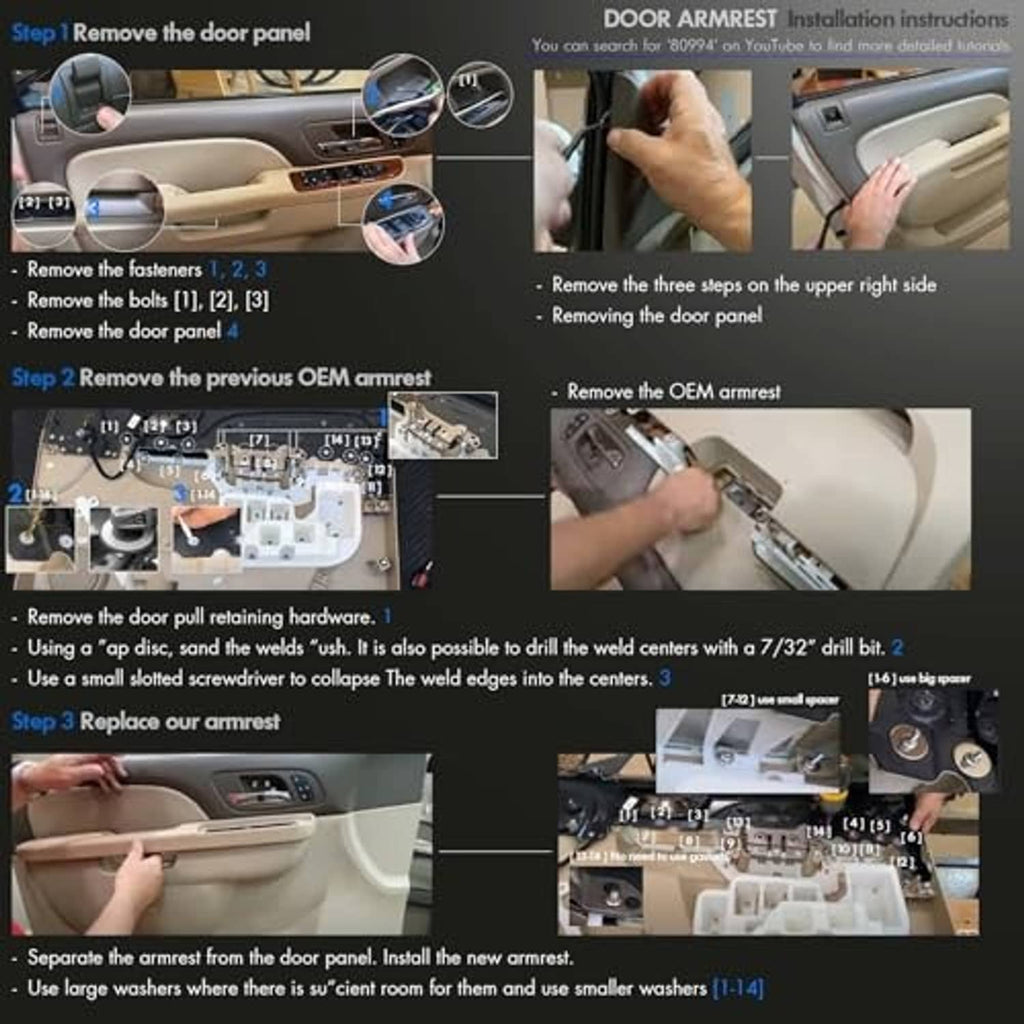 Armrest repair kit installation steps showing removal and replacement of armrest