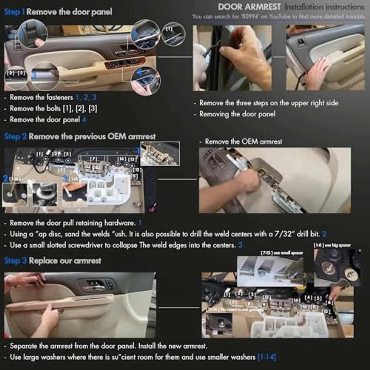Armrest repair kit installation steps showing removal and replacement of armrest