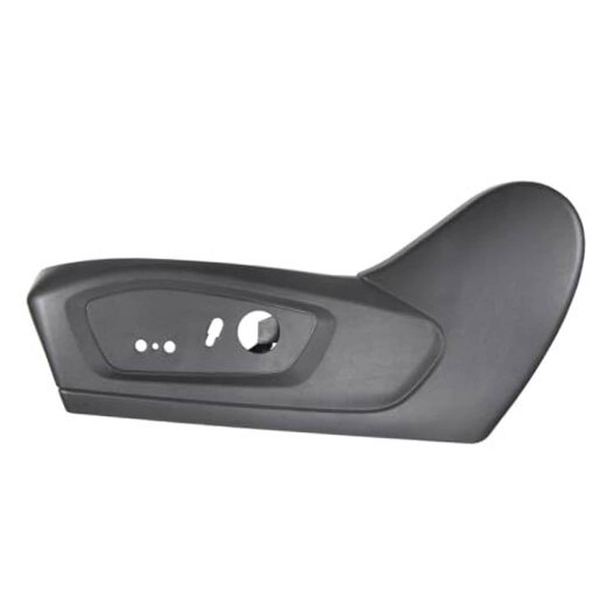 Driver side seat trim cover in dark gray plastic, with integrated control cutouts