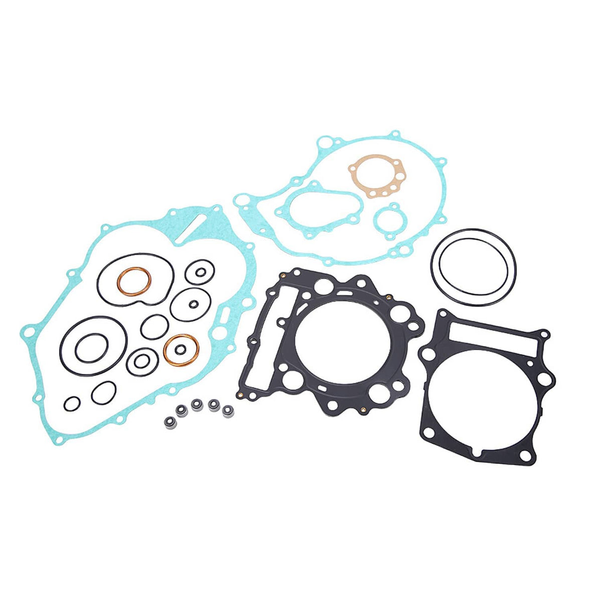 Top and bottom end gasket kit with blue gaskets, black cylinder base gaskets, and rings
