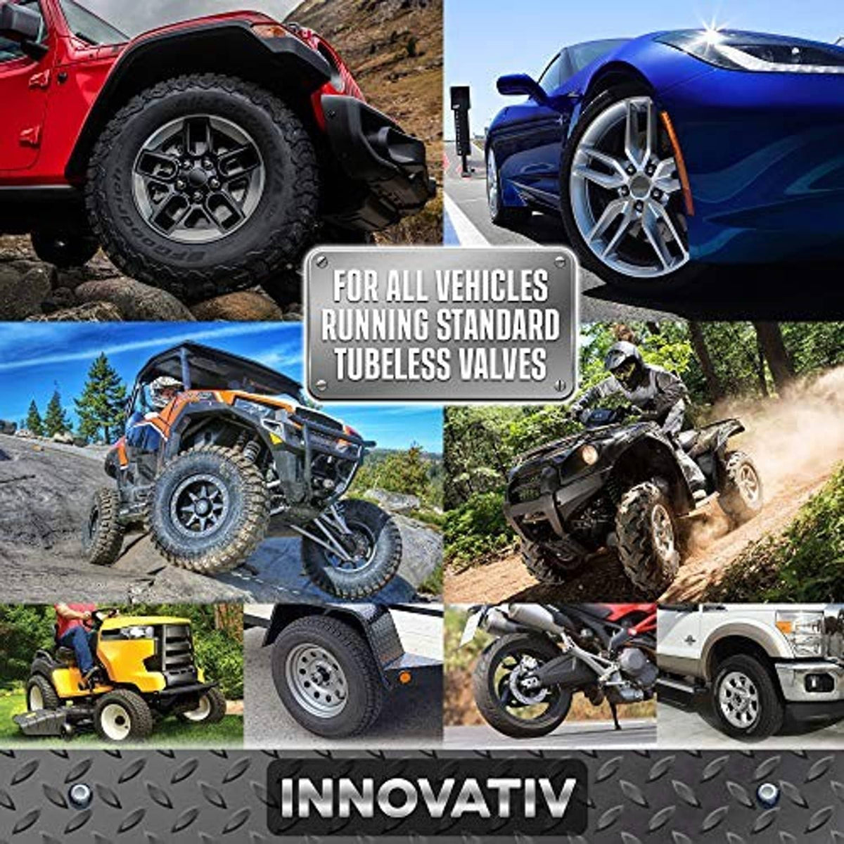 Innovativ tire valve stem tool kit for tubeless valves, shown with vehicle use scenes