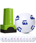 Green self-inking golf ball stamp with black base and a white ball with blue icons