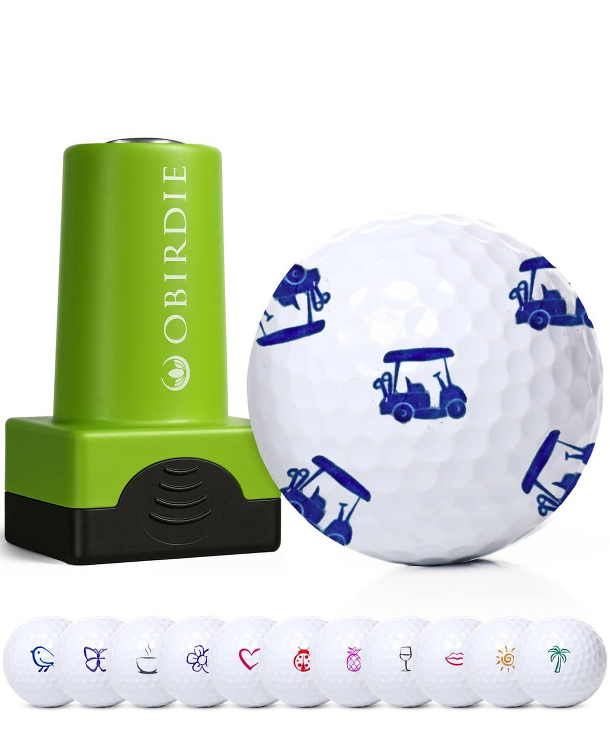 Green self-inking golf ball stamp with black base and a white ball with blue icons